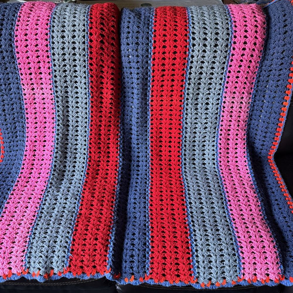 Crochet Striped Afghan 5’x54” Red Blue Pink Gray 2 1/2 Pounds Soft Yarn